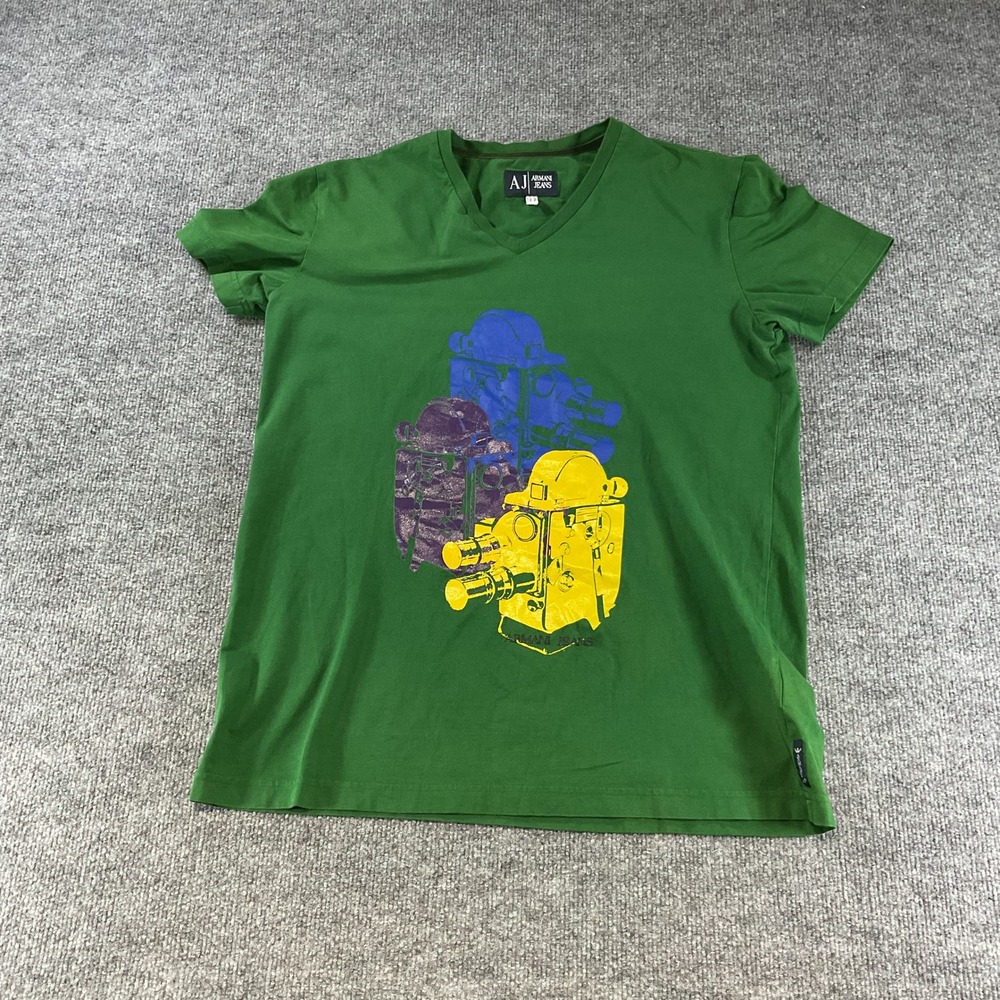 Armani Jeans Mens Green Graphic V-Neck T-Shirt Camera Print XXL Usa/ 3XL EU